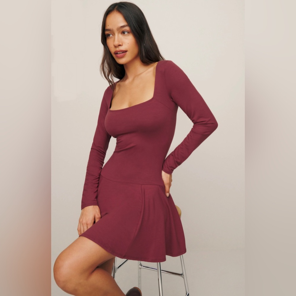 Reformation Coen Long Sleeve Drop Waist Minidress, Chianti, Small